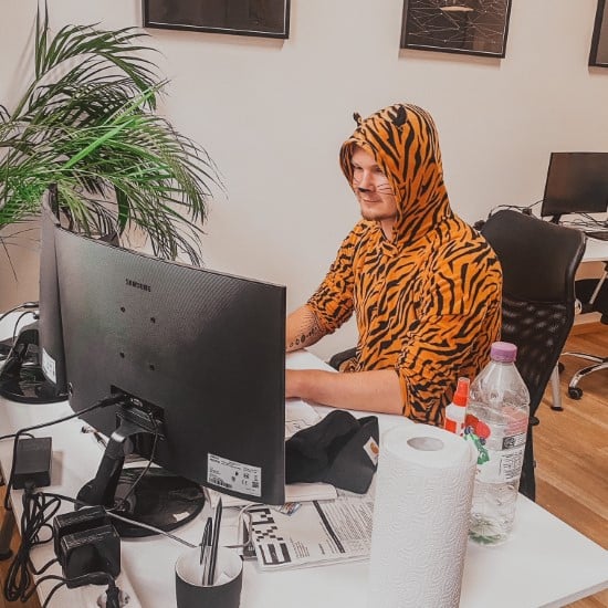 Entwickler Rene am Schreibtisch im Tiger-Kostüm