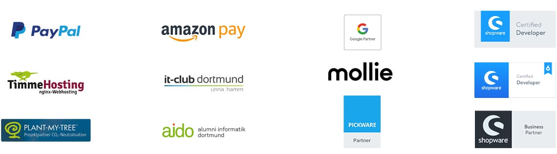 Partnerships: PayPal, AmazonPay, Mollie, Seobility, Plant-My-Tree, Timme Hosting, IT Club Dortmund, Shopware AG, Shopware 6 - Certified Developer, Zertifizierung: Shopware 5 - Certified Developer, Google Ads Partner