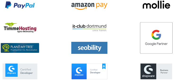 Partnerschaften: PayPal, AmazonPay, Mollie, Seobility, Plant-My-Tree, Timme Hosting, IT Club Dortmund, Shopware AG, Shopware 6 - Certified Developer, Zertifizierung: Shopware 5 - Certified Developer, Google Ads Partner